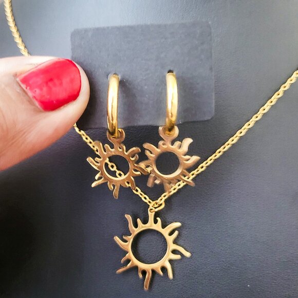 Gold Stainless Steel Sun Motif Jewelry Set — Necklace + Small Hoops - Picture 6 of 7